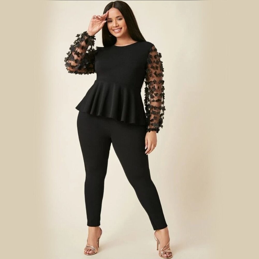 SHEIN ✦ Plus Black Two‑Piece Set ✦ Peplum Top w/ Skinny Pants 4XL NWT